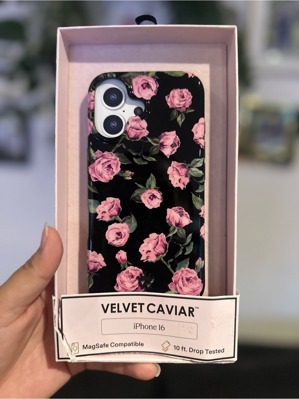Velvet Caviar Black Case with Pink Rose Floral Design for iPhone 16